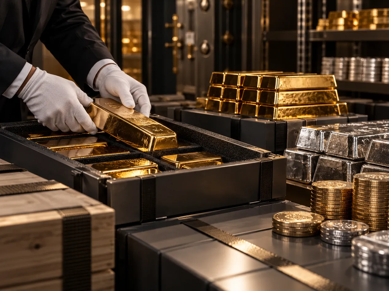 Careful packing of precious-metal bars inside a secured vault